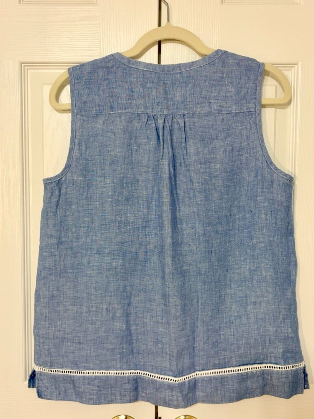 Jones New York Blue Linen Short Sleeve Blouse with White Trim Medium Petite MP - Picture 2 of 7